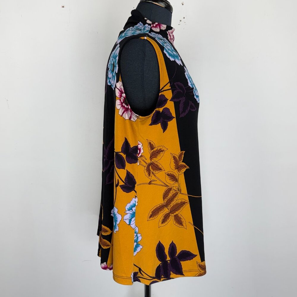 Marallis Floral Mock Neck Top L Sleeveless Swing Knit Blouse Made‎ in Canada - Picture 2 of 6